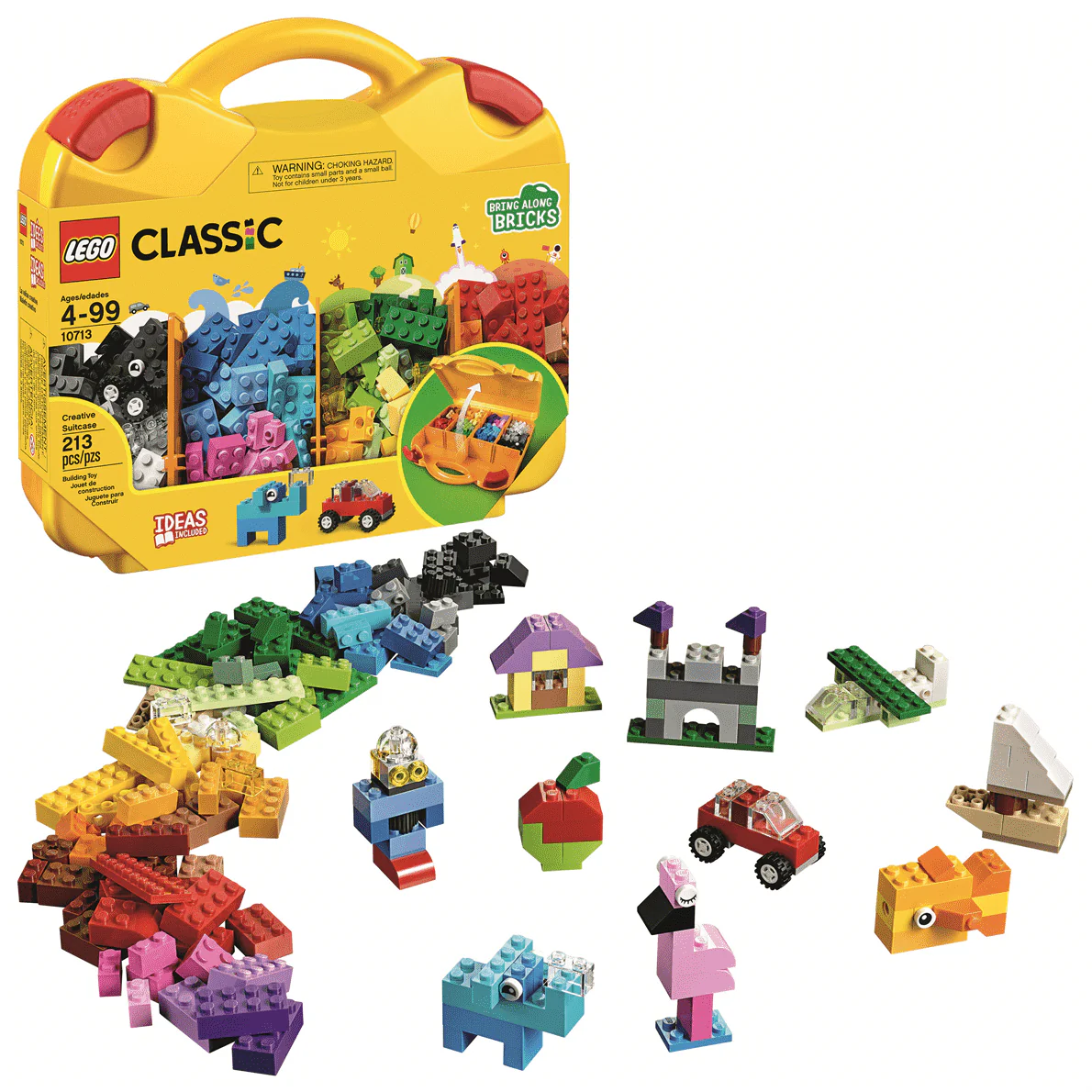 LEGO Classic Creative Suitcase set displaying various colorful LEGO bricks arranged to form animals, vehicles, and buildings. The suitcase is open, revealing the compartments and the playful arrangement of the bricks outside.