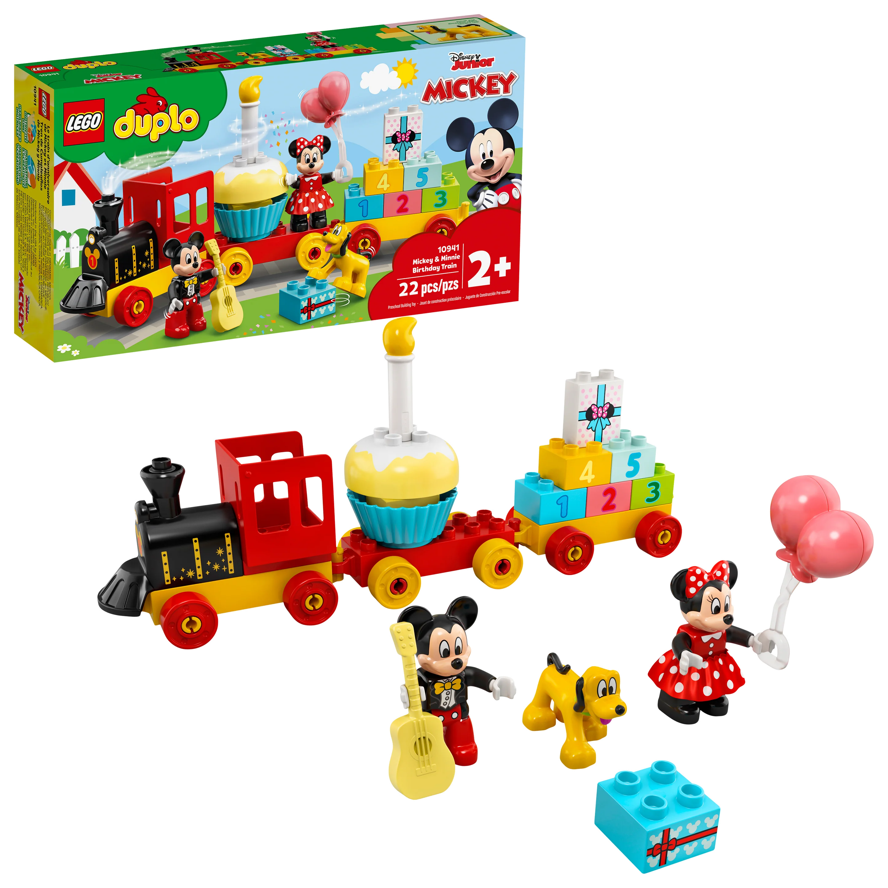 LEGO Duplo set featuring Mickey and Minnie Mouse with a birthday train theme, including colorful train wagons and Disney characters.