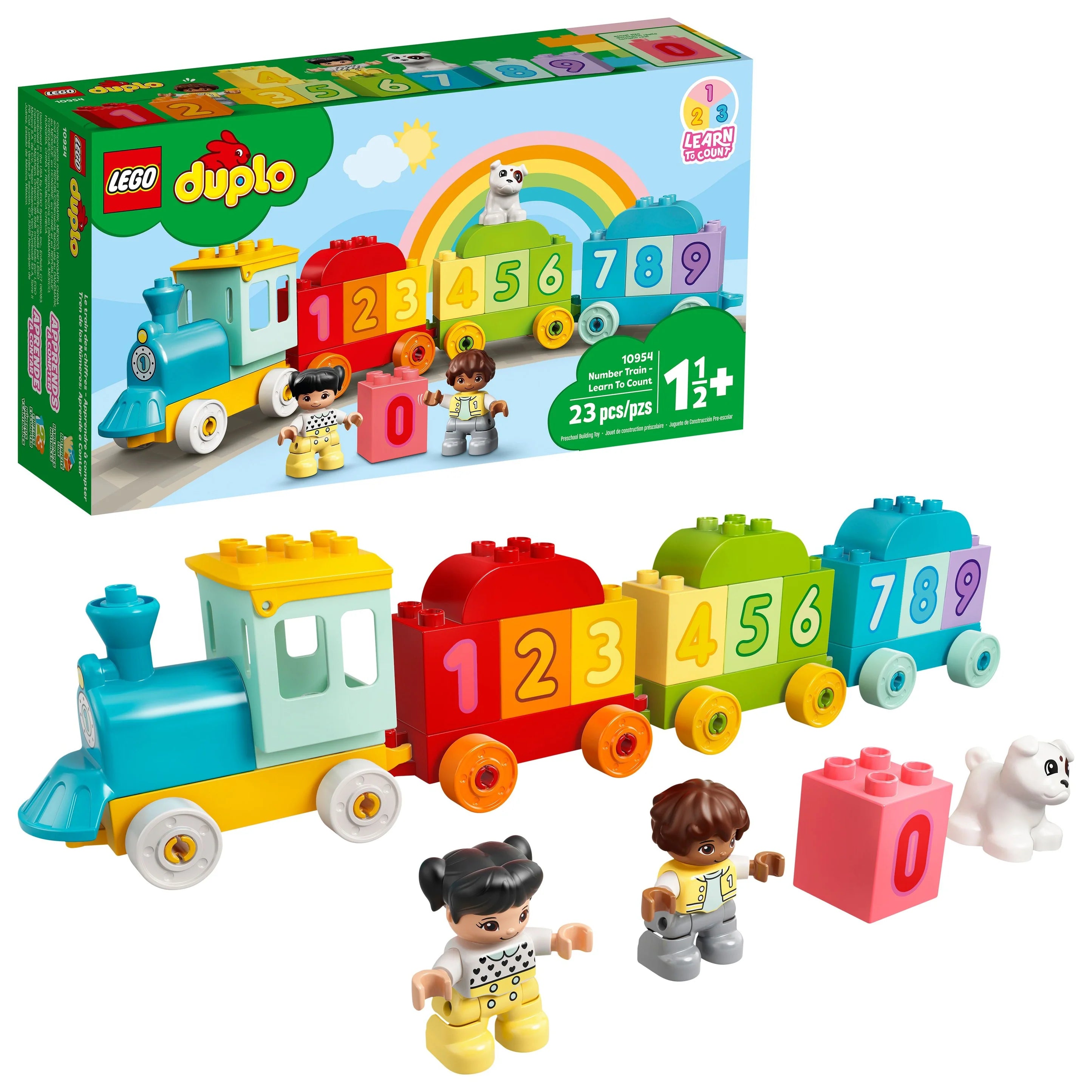 LEGO DUPLO set featuring a colorful number train with wagons numbered 1 to 10, and DUPLO figures of a girl, boy, and dog. The packaging shows the product name and age suitability.