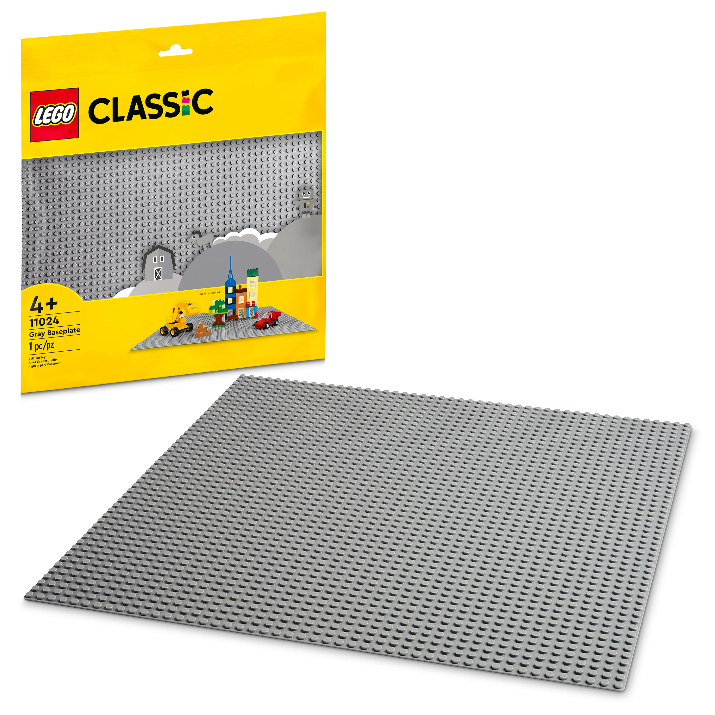 A gray LEGO baseplate, number 11024, displayed alongside its packaging which indicates it's part of the LEGO Classic series.