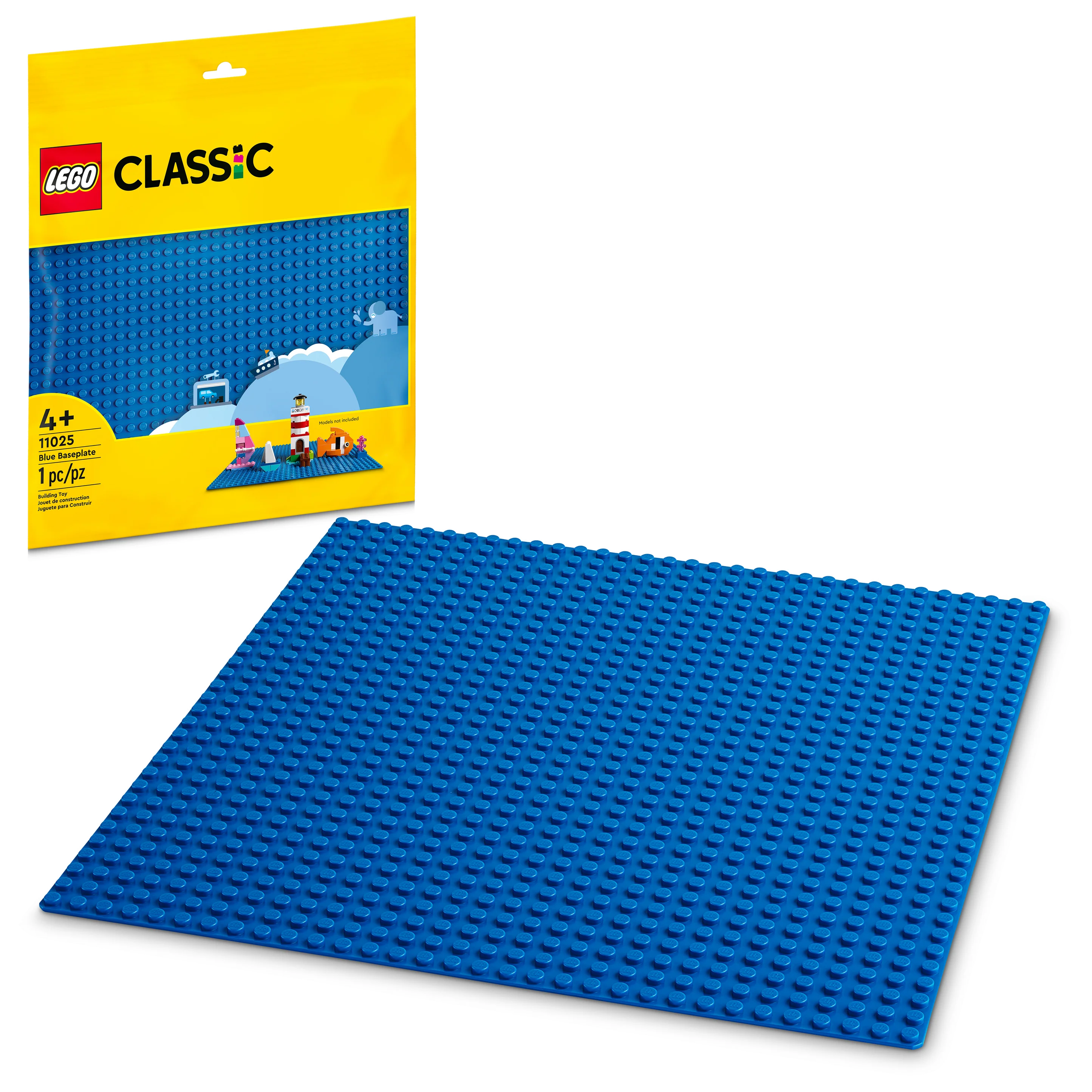 A blue LEGO baseplate number 11025 displayed alongside its packaging which has a LEGO Classic logo and a graphic of a town on it.