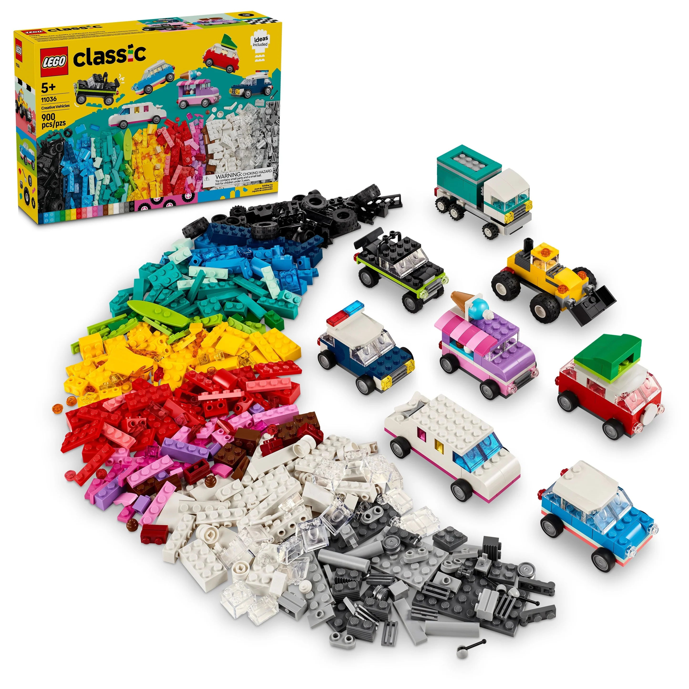 LEGO Classic Creative Vehicles set, with various built cars using colorful LEGO bricks, and the product box visible in the background.