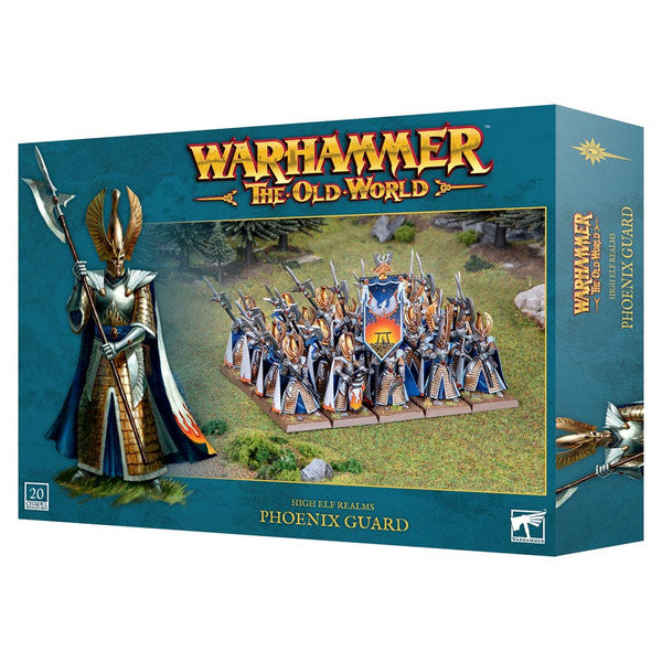 Warhammer The Old World game box featuring High Elf Realms Phoenix Guard on a blue background