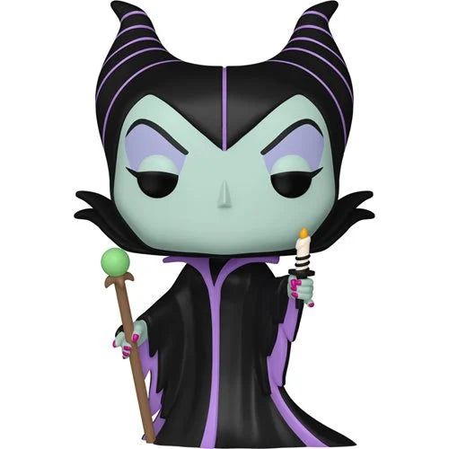 A vinyl figure of Maleficent from Disney's Sleeping Beauty, featuring the character with a candle and a green orb. The figure is predominantly black with purple accents, and it holds a wand in its right hand.