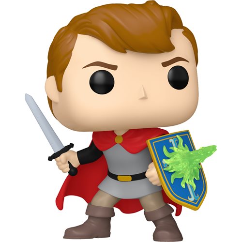 A Funko Pop! vinyl figure of Prince Phillip from the movie Sleeping Beauty, holding a sword and a shield.
