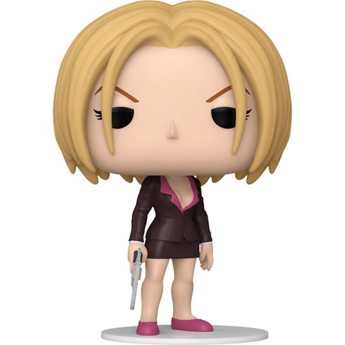 A Funko Pop! vinyl figure of Pakunoda from Hunter X Hunter, standing approximately 4-inches tall, in a business suit with a pink skirt and holding a gun.
