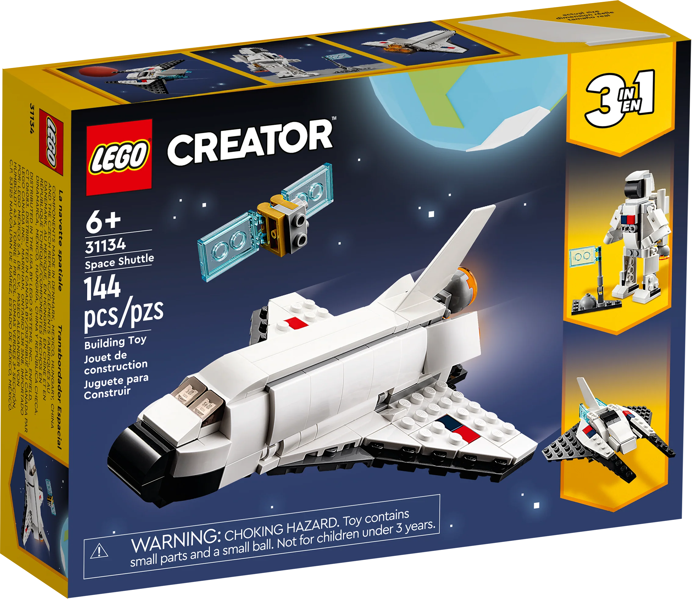 LEGO Creator Space Shuttle 31134 set packaging showing the space shuttle model, astronaut figure, and satellite accessory.