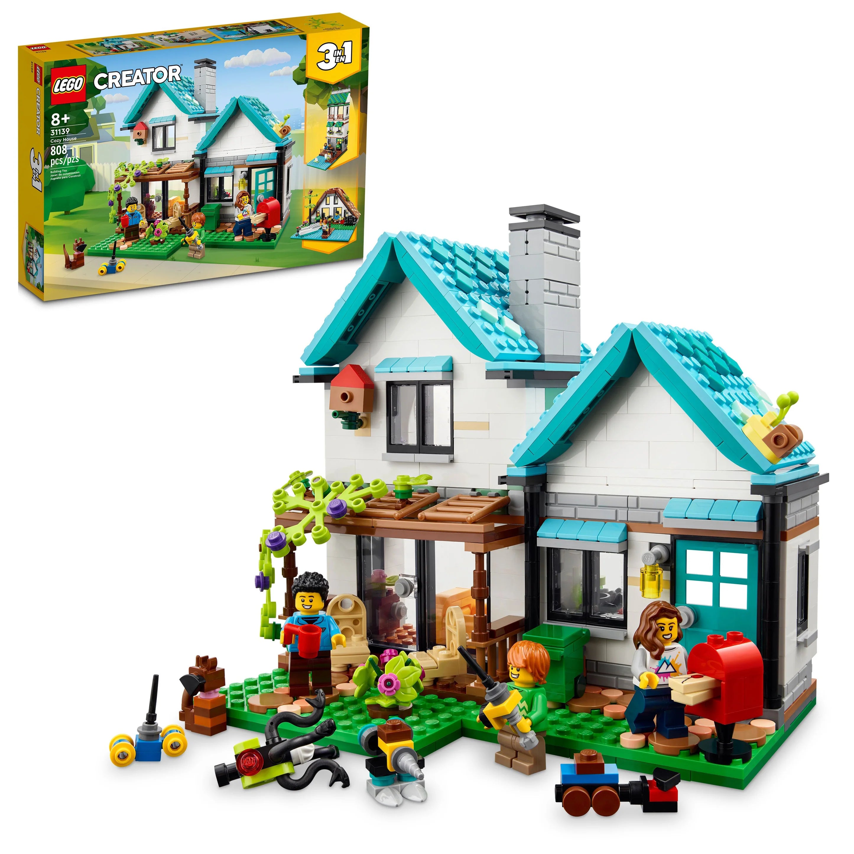 LEGO Creator Cozy House 31139 set showcasing a cozy two-story house with a garden and various mini figures.