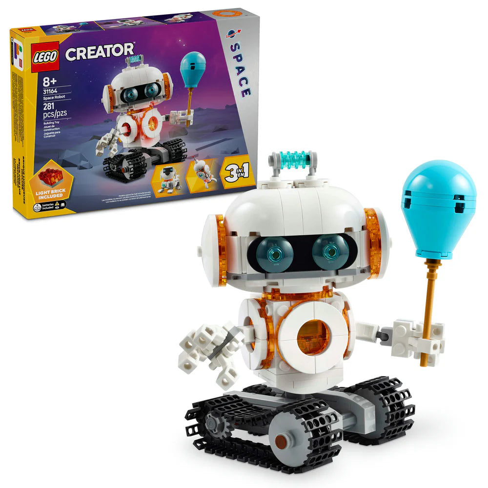 LEGO Creator 3in1 Space Robot set, including the toy robot with posable arms and a balloon, along with the packaging box.