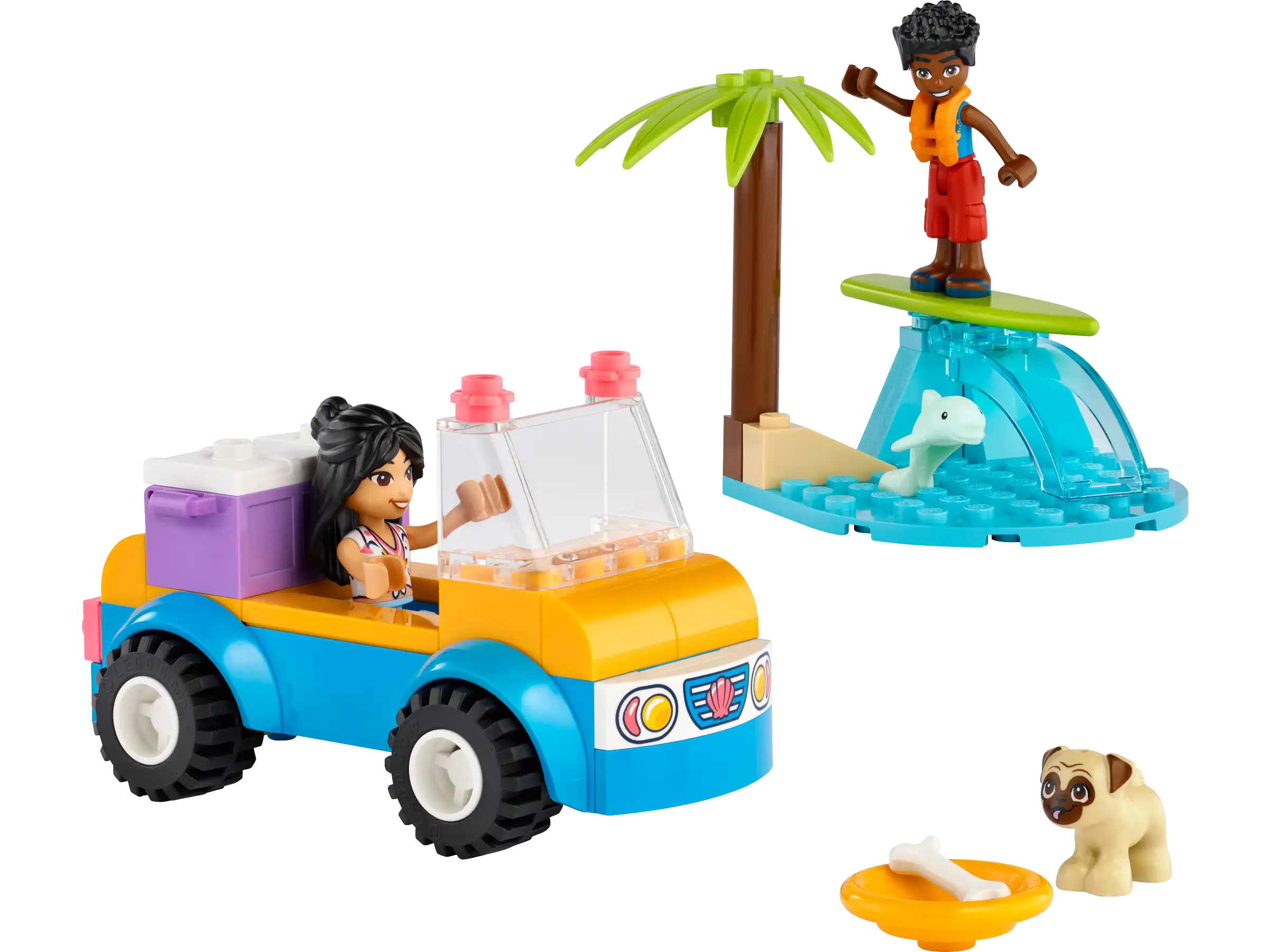 LEGO Friends Beach Buggy Fun set with beach-themed elements including a toy beach buggy, a wave, trees, and minifigures of Liann and Zac, along with a pug and a dolphin.