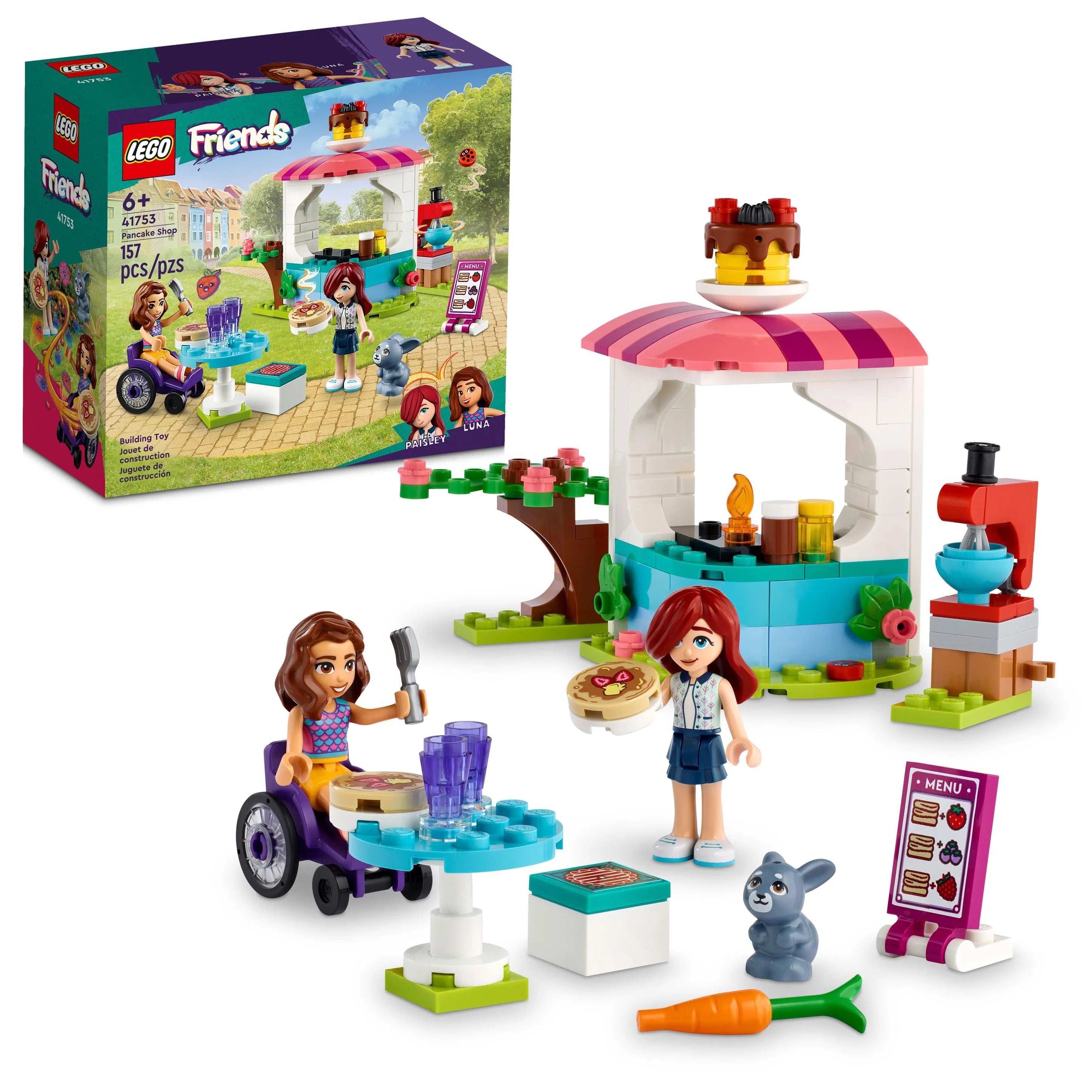 LEGO Friends Pancake Shop set, showing the toy pancakes, stove, and figures of Luna and Paisley, along with Melody the bunny.