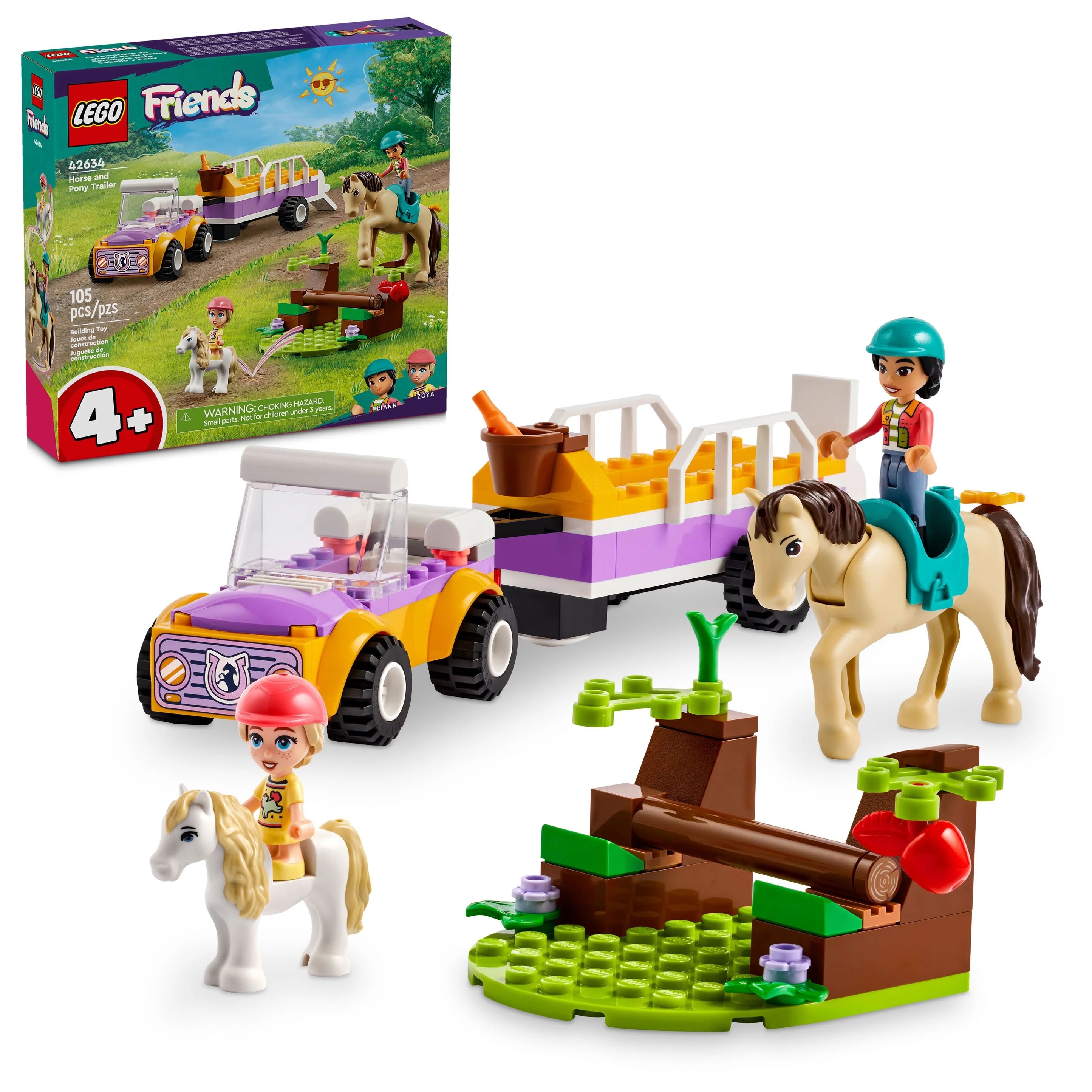 LEGO Friends Horse and Pony Trailer 42634 set with toy figures, horses, and a plastic trailer.