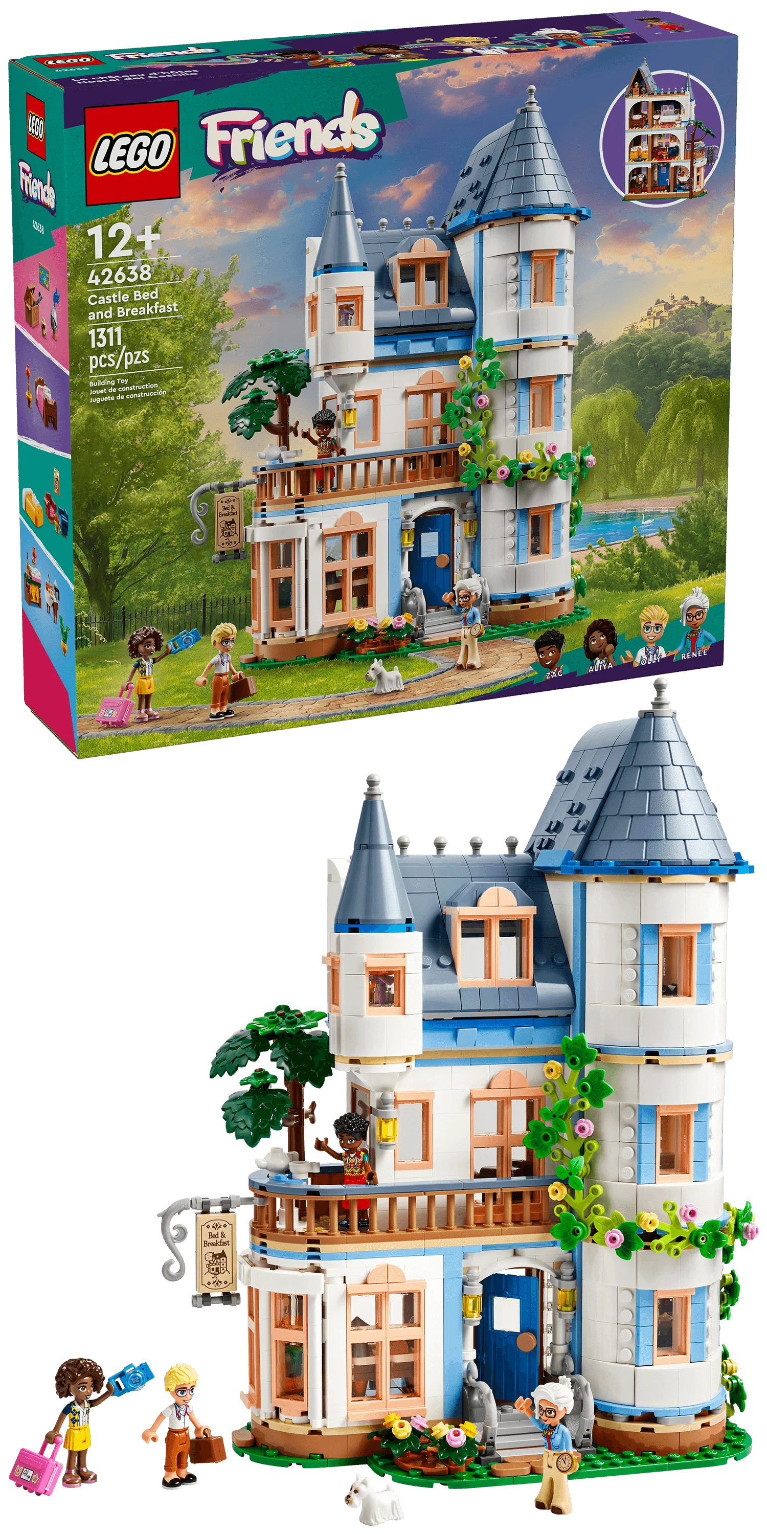 LEGO Friends Castle Bed and Breakfast playset, featuring a toy hotel playset with multiple floors and characters including mini-dolls and a dog figure.
