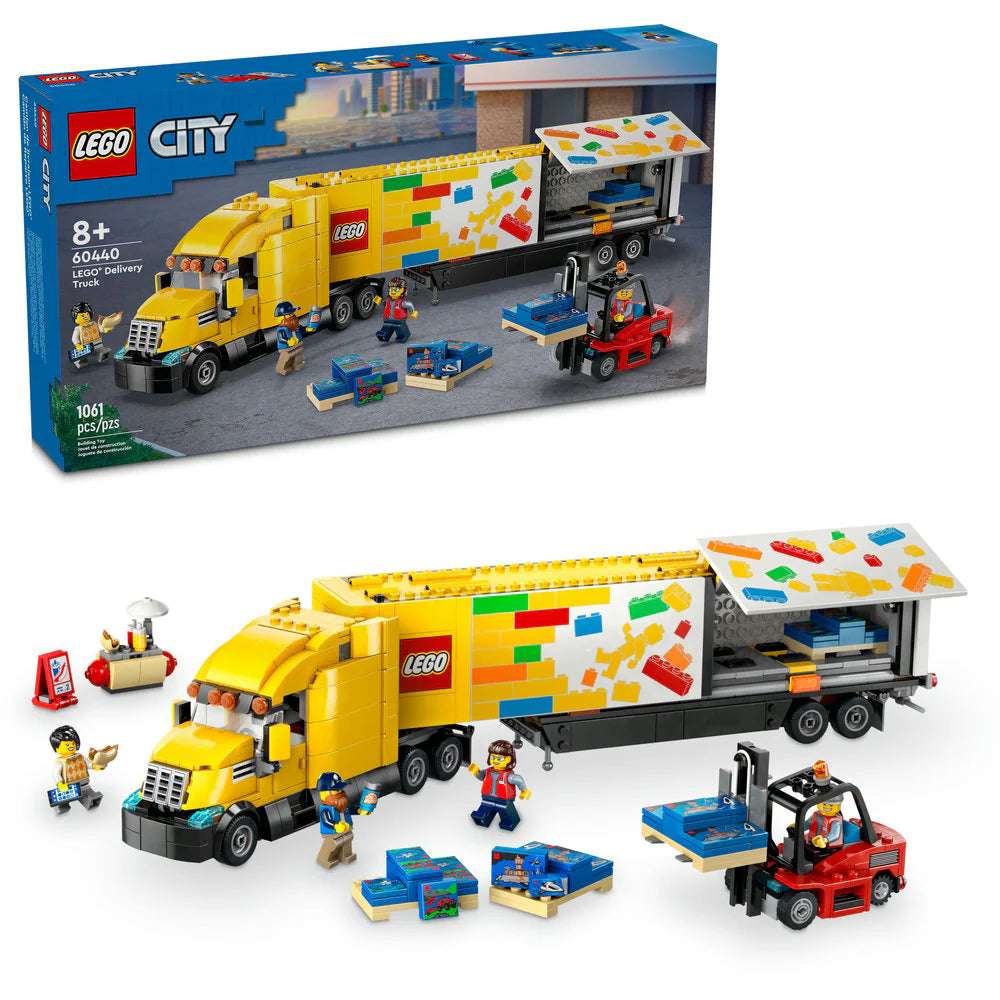 LEGO City Yellow Delivery Truck Toy playset packaging featuring the truck model with a trailer, pallets, and minifigures.