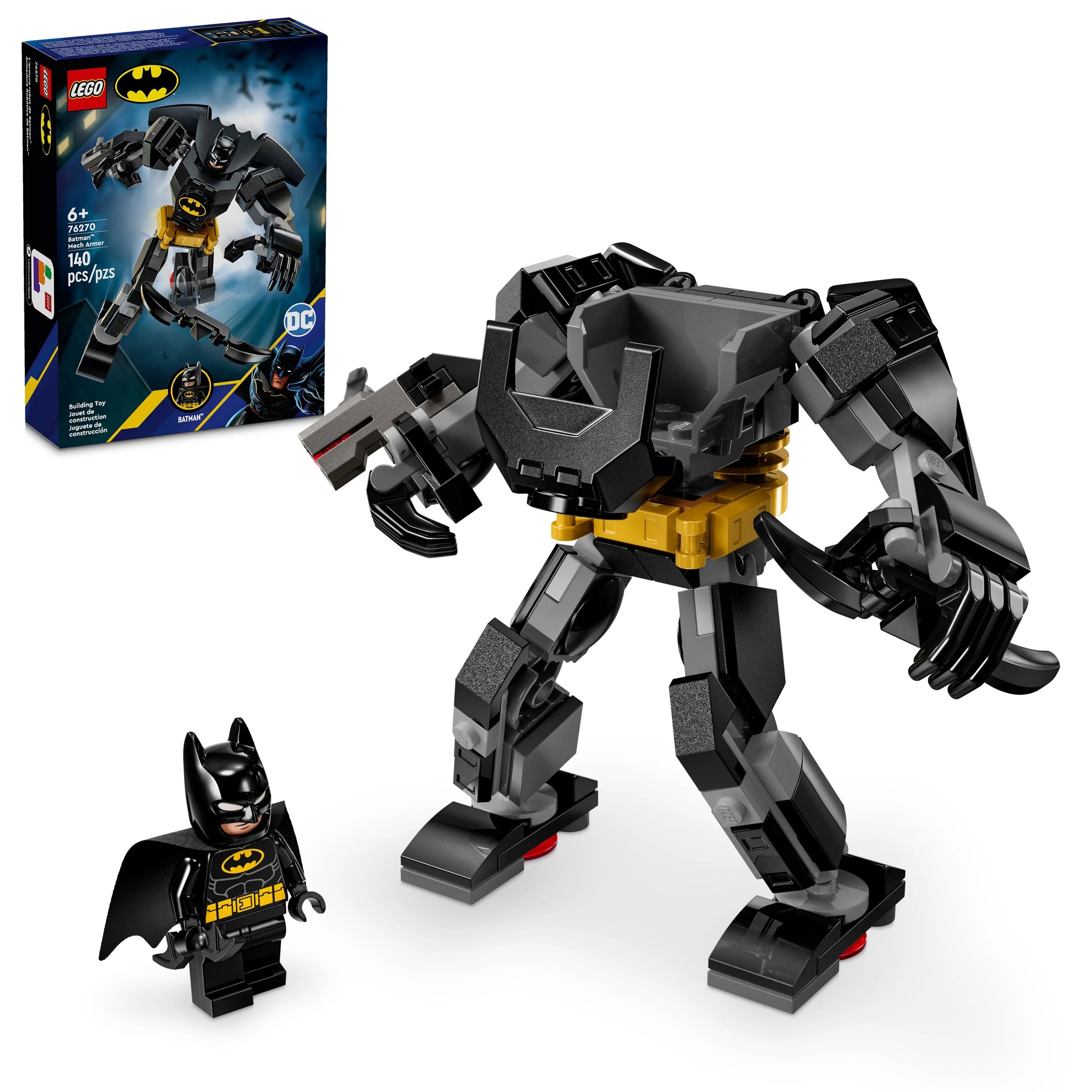 LEGO Batman Mech Armor set, with a large Batman robot figure and a smaller LEGO Batman minifigure.