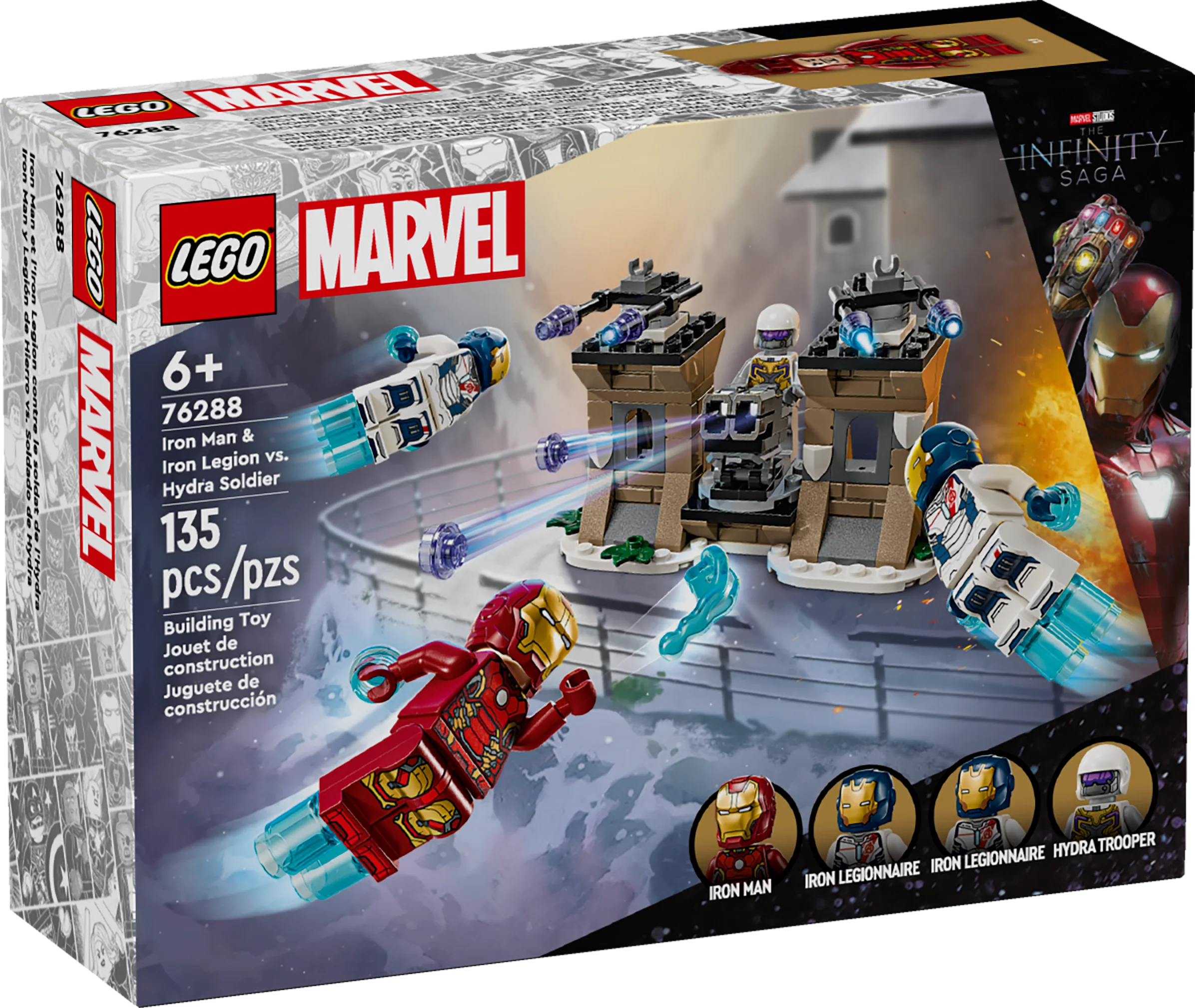 LEGO Marvel Iron Man & Iron Legion vs. Hydra Soldier set packaging showing the minifigures and the playset.
