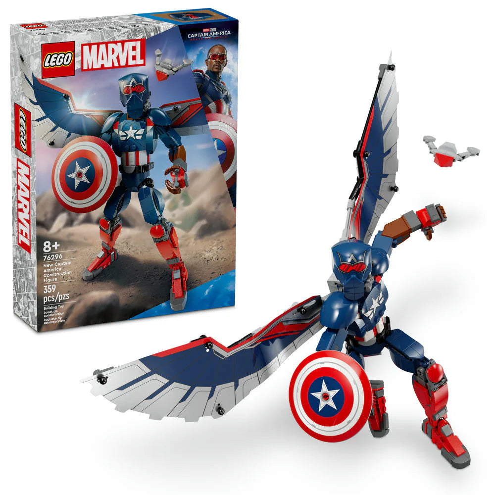 LEGO Marvel New Captain America Construction Figure packaging and the figure itself with wings and a shield, predominantly red, white, and blue.