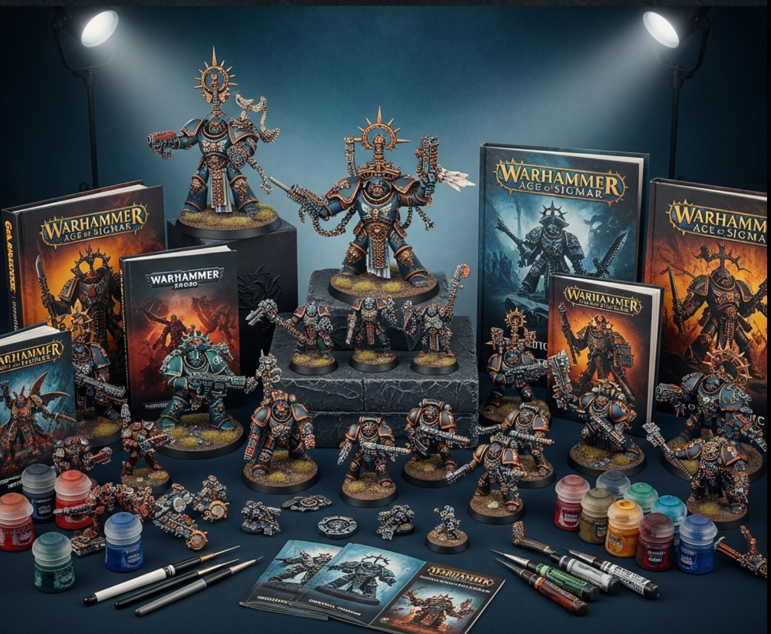 Warhammer figurines and books on a dark surface with spotlights