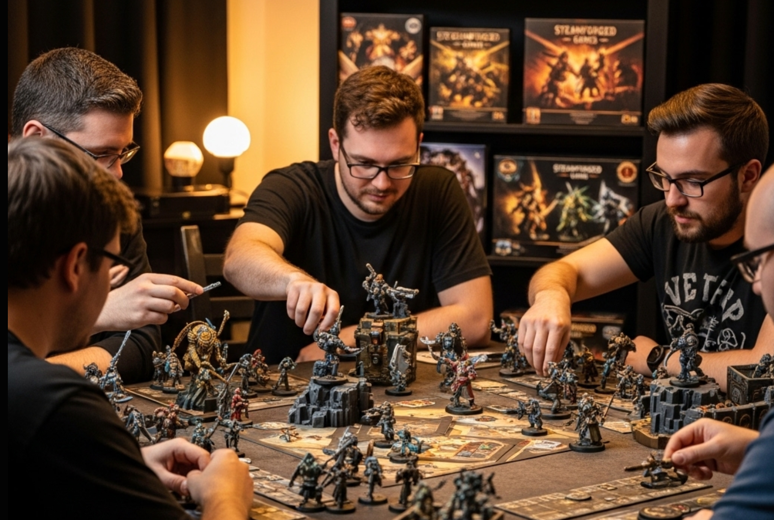 Group of people playing a board game with miniatures in a cozy room.