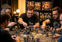 Group of people playing a board game with miniatures in a cozy room.