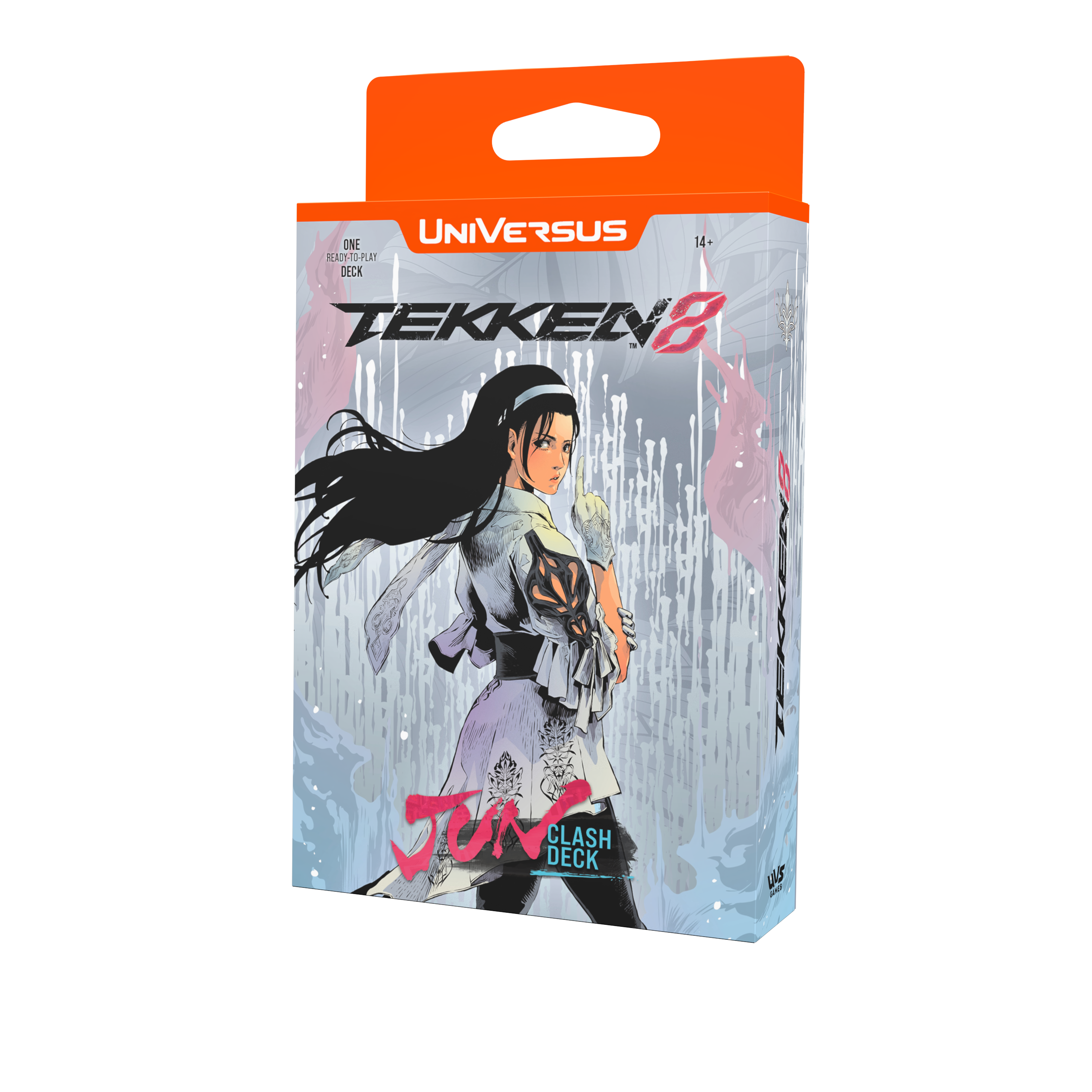 Packaging for Universus TEKKEN 8 Clash Deck featuring an illustration of the character Jun Kazama from the TEKKEN series.