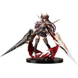 A collectible figure of a female anime character in black and silver armor, holding two large lances, and wearing a tattered cloak.