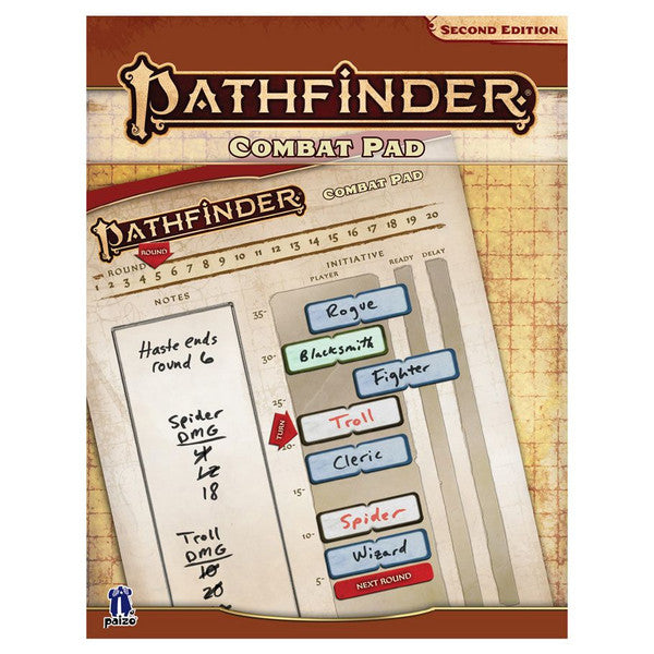 Pathfinder Combat Pad with character names on a wooden background