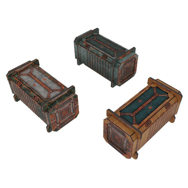 Three miniature model boxes with detailed designs on a white background