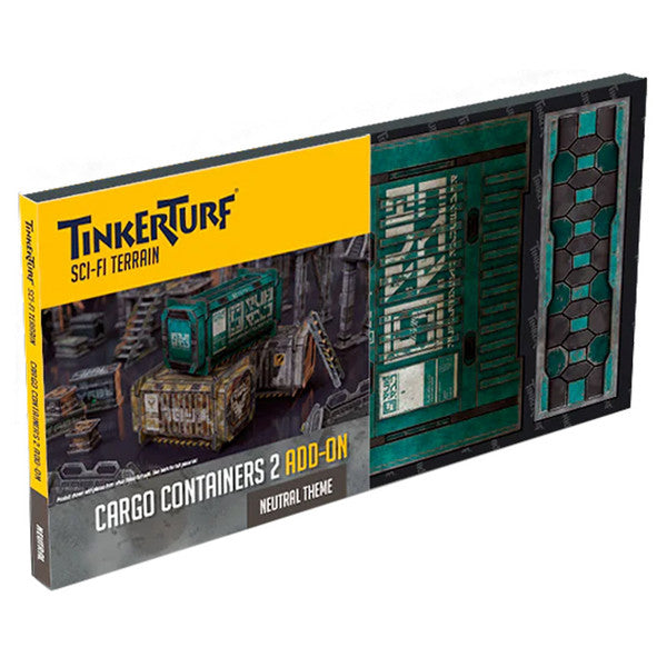 Tinkerturf sci-fi terrain cargo containers 2 add-on packaging on a white background