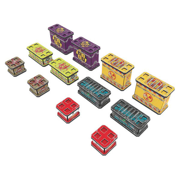 Set of colorful toy crates and boxes on a white background