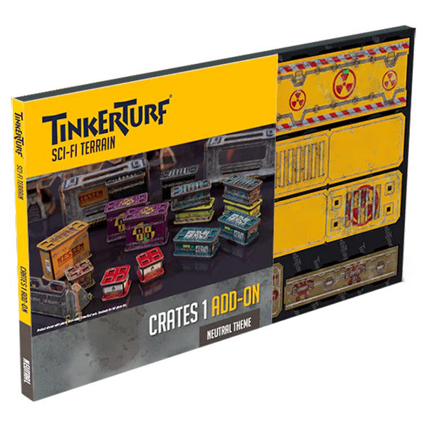 Tinkerturf sci-fi terrain crates packaging with various crates displayed.