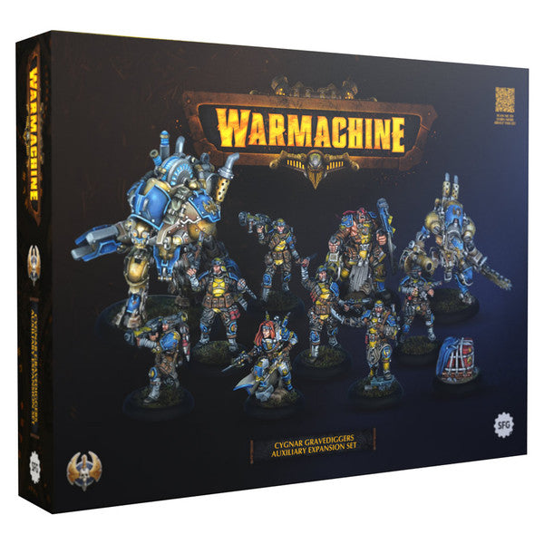 Box for Warmachine game set with Cynar Gruntigers figures on a dark background