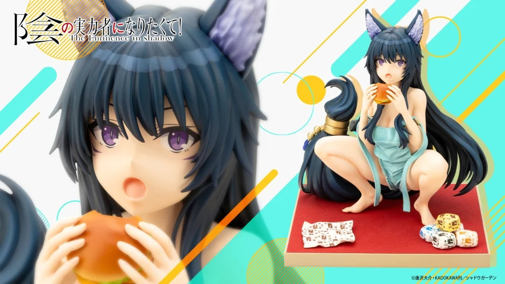 A pre-painted anime figure of Delta from The Eminence in Shadow, sitting with hamburgers from MagRonald’s in her hands, produced by Kotobukiya.