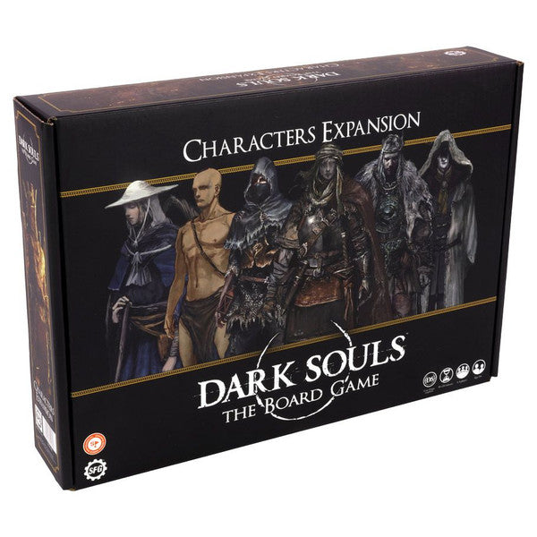Dark Souls board game characters expansion box with character illustrations on a black background