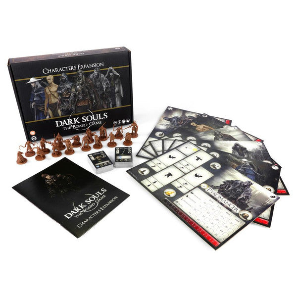 Dark Souls board game expansion set with characters, cards, and box on a white background