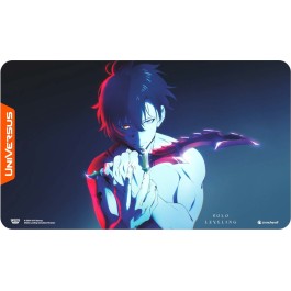 A playmat featuring an illustration of a character from the Solo Leveling series, predominantly in shades of blue and white, with a 'UniVersus' logo at the corner.