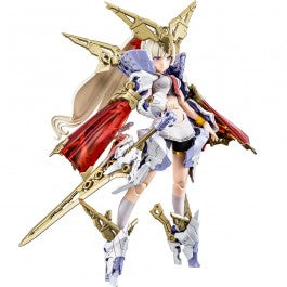 A plastic model kit of a female anime character in armor, with interchangeable parts for customization, from the Megami Device series.