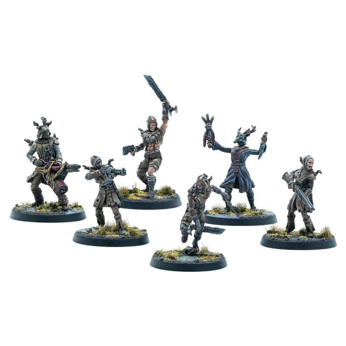 A set of seven figurines from the Fallout - Wasteland Warfare miniatures game, depicting members of the Cult of the Mothman in various poses. They are painted in shades of black, gray, and brown, wearingAppalachian-inspired clothing and carrying weapons.