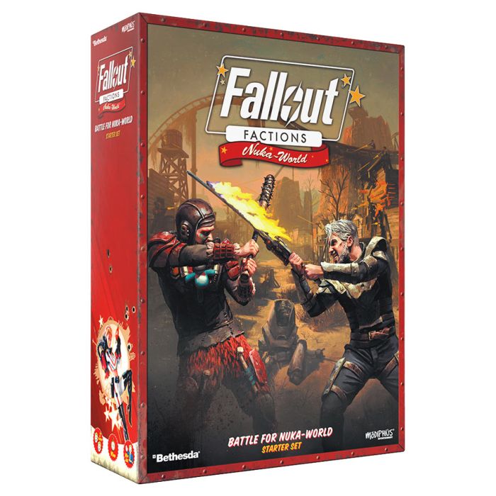 Product image of the Fallout Factions Battle for Nuka-World Starter Set box, featuring artwork with characters in a post-apocalyptic setting.