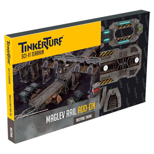 Tinkerturf sci-fi terrain packaging with maglev rail add-on on a white background