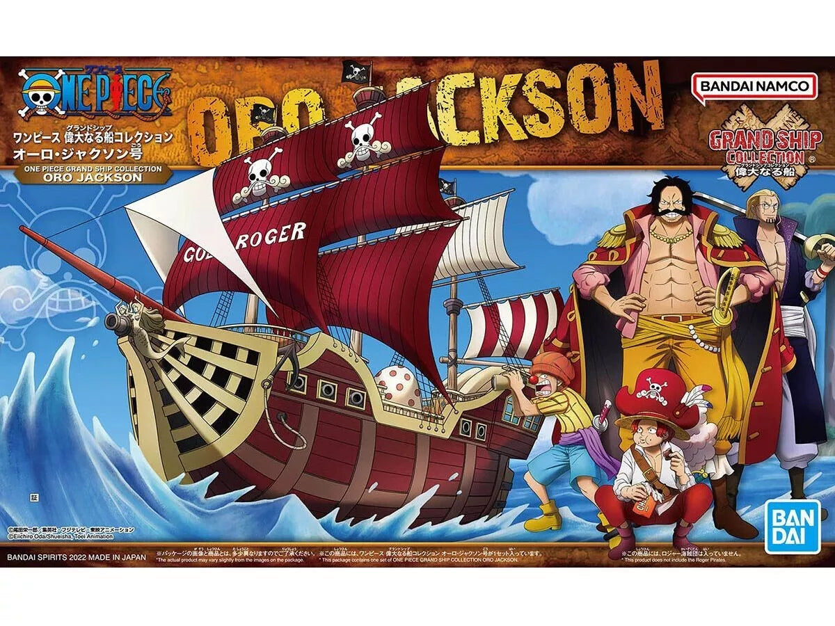 Packaging for Bandai's One Piece: Grand Ship Collection Oro Jackson model kit, featuring illustrations of the ship and characters from the anime series.
