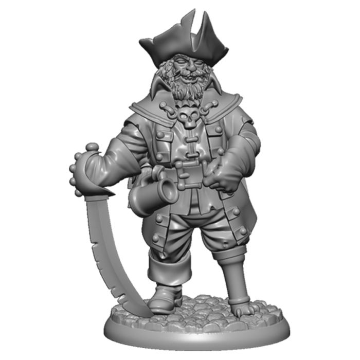 A detailed gray miniature figure of a Ghost Pirate Captain with a hook, wearing a pirate outfit and a hat, holding a pistol, manufactured by Reaper Miniatures.