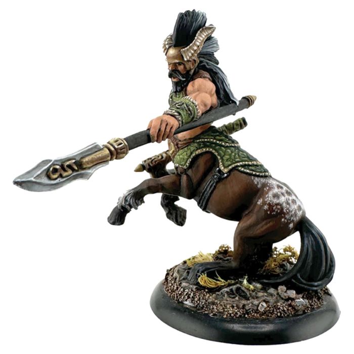 A painted miniature figure of a centaur chieftain from Reaper Miniatures' Bones Black line, displaying detailed armor and weapon accoutrements.