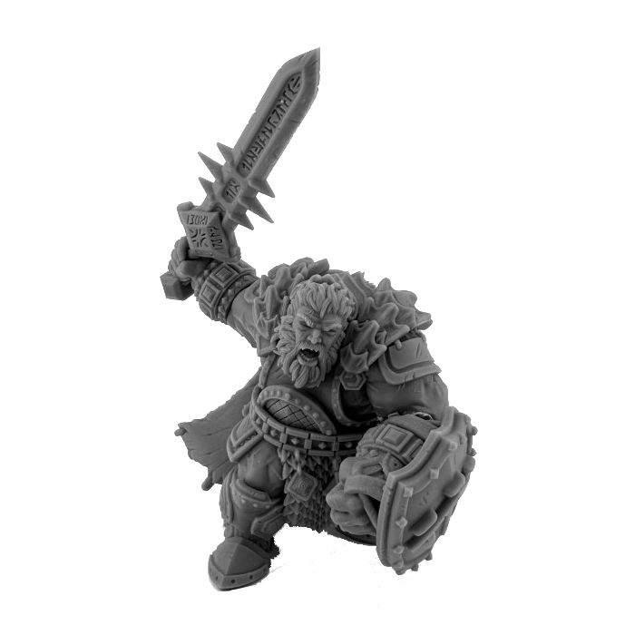 A miniature figure of a fire giant hellbringer with a sword raised in the air, from Reaper Miniatures' Bones Black line.