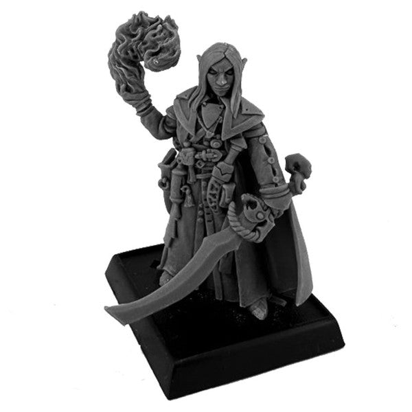 Gray fantasy figurine on a black base against a white background