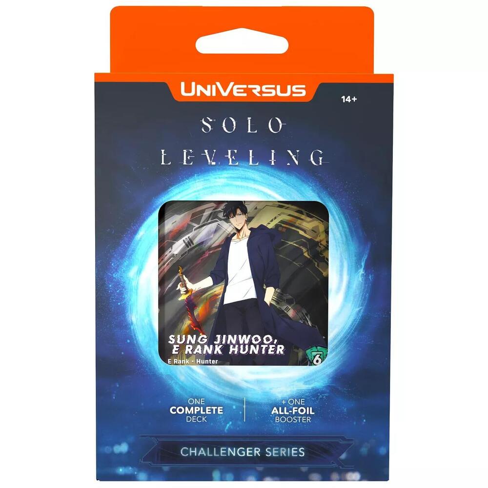 Packaging for UniVersus Solo Leveling Challenger Series deck display featuring an anime character on the front.