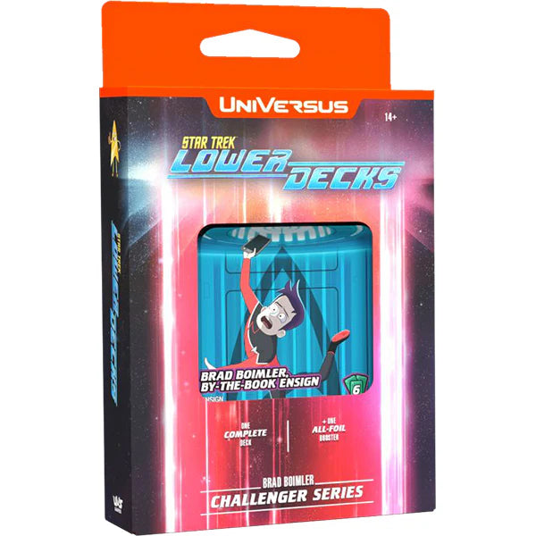 Packaging for UniVersus CCG: Challenger Series with Star Trek Lower Decks theme, featuring character art and a deck of cards visible inside the box.