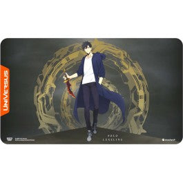 A playmat featuring an illustration of a character from the Solo Leveling series, Sung Jinwoo, in a standing pose with a sword. The playmat has a dark background with a gold and orange circular design around the character.