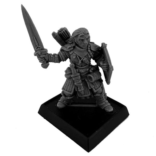 Gray miniature figurine of a warrior holding a sword and shield on a black base against a white background